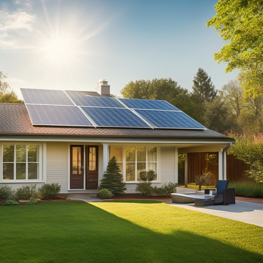 A serene suburban home with solar panels installed on its roof, surrounded by lush greenery and a bright blue sky, with a subtle hint of sunlight reflecting off the panels.