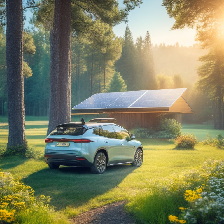 A serene landscape depicting a parked electric vehicle with its hood open, solar panels on the roof, and a battery charger visible in the engine compartment, surrounded by lush greenery and a sunny sky.