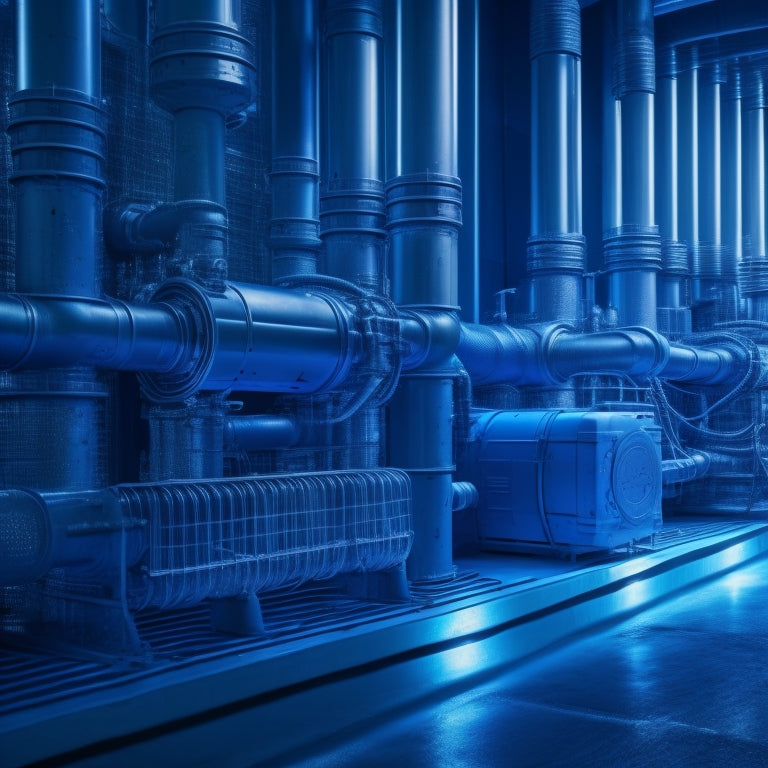 A futuristic industrial scene with a large water pump at the center, surrounded by sleek, silver pipes and wires, with glowing blue lines and nodes indicating automation, amidst a dark blue background with subtle grid patterns.