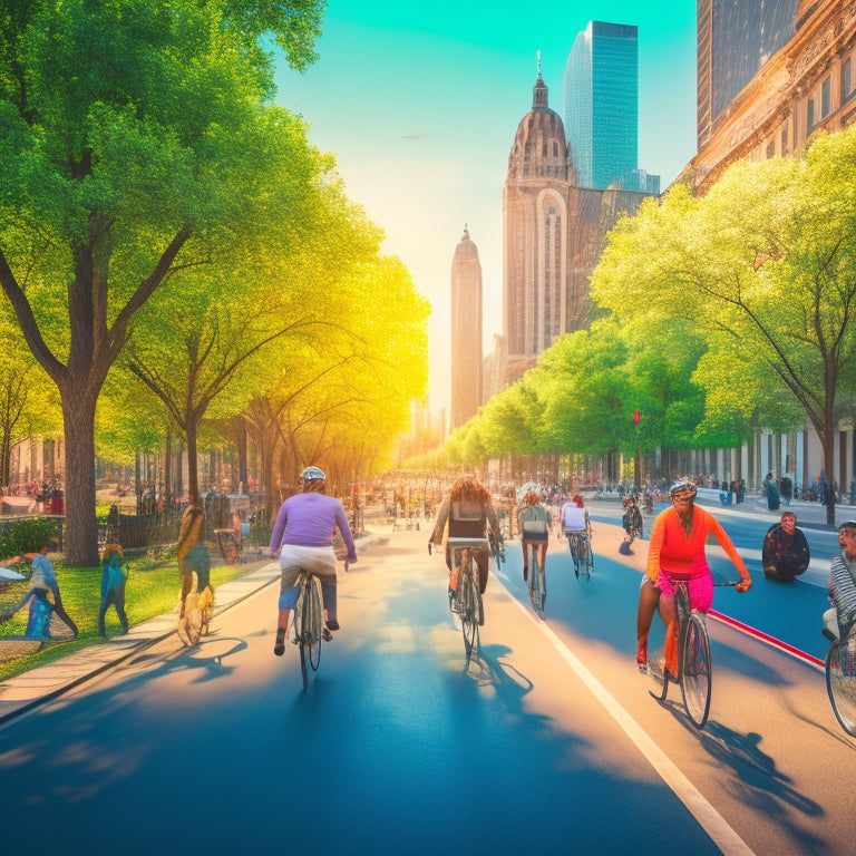 An illustration showcasing a serene, sun-drenched cityscape with dedicated bike lanes, wide sidewalks, and ample green spaces, featuring cyclists of diverse ages and abilities riding together harmoniously.