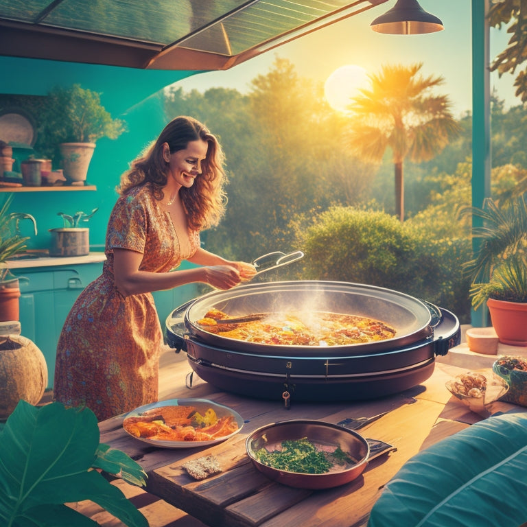 A vibrant illustration featuring a woman cooking in a sunny outdoor setting, surrounded by lush greenery, with a solar oven in the foreground and a subtle, warm glow emanating from the dish being cooked.