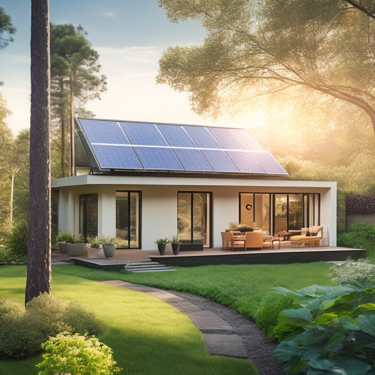 A serene, modern home with solar panels on the roof, a sleek battery backup system in the background, surrounded by lush greenery, with a subtle sunny glow.