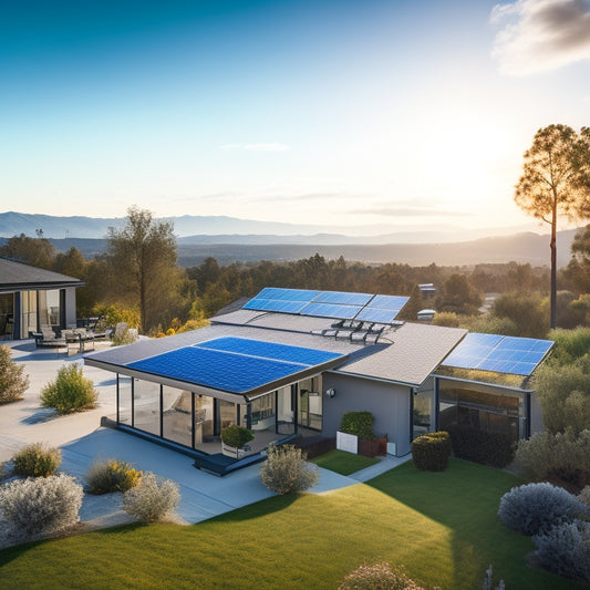 A serene California landscape with a modern home featuring a sleek, black solar panel array on its rooftop, set against a bright blue sky with fluffy white clouds.