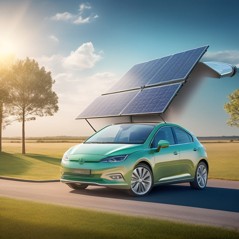 An illustration of a car with solar panels on the roof, a wind turbine in the background, and a battery pack with a green leaf emblem, surrounded by a subtle green glow and a faint grid pattern.