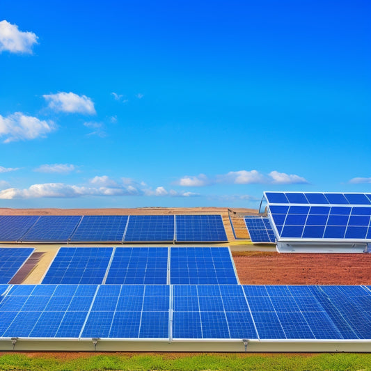 A split-screen illustration: a solar panel array on a rooftop on one side, and a battery storage system with wires, inverters, and mounting racks on the other, set against a bright blue sky with fluffy white clouds.