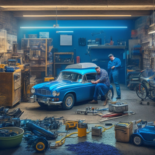 An illustration of a person in a garage, surrounded by tools and car parts, with a conventional vehicle in the background and an electric motor, batteries, and wiring in the foreground, amidst a mess of diagrams and blueprints.