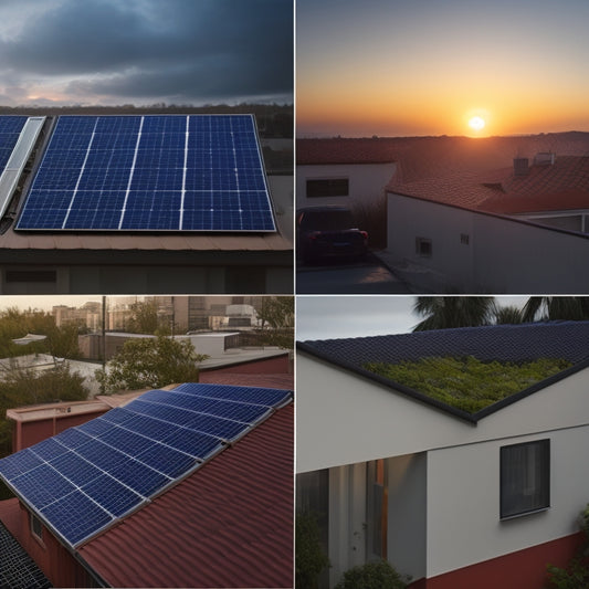 A split-screen image featuring a rooftop with solar panels on one side and a conventional electricity meter on the other, with contrasting bright and dim lighting, and varying meter speeds.