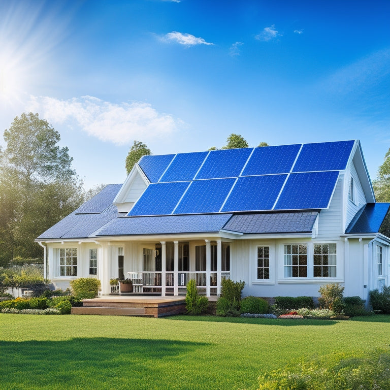 A serene suburban home with a mix of traditional and modern solar panels on the roof, surrounded by lush greenery and a bright blue sky with a few wispy clouds.