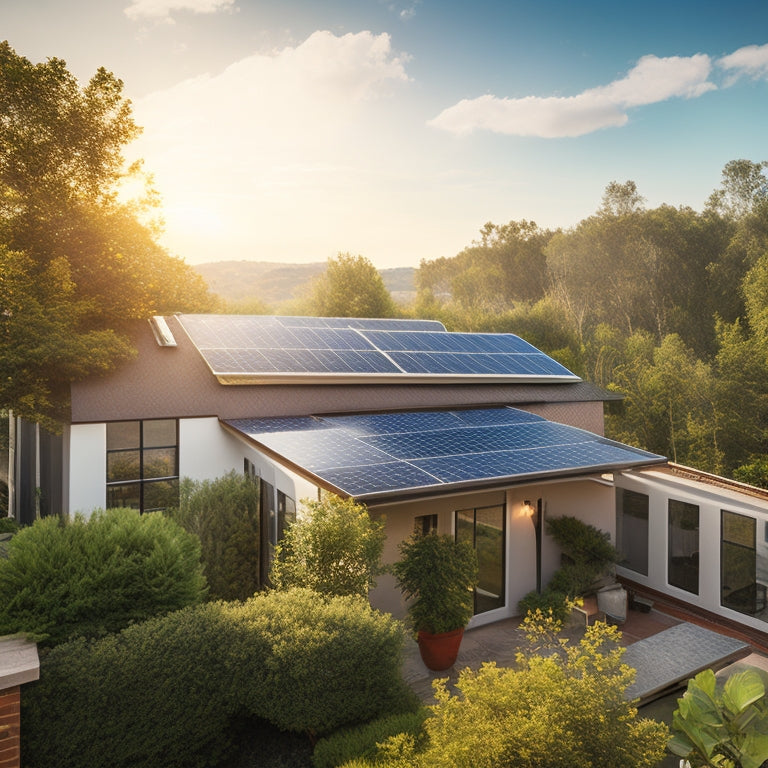 A serene residential rooftop with a clean and well-maintained solar panel system, with a few panels slightly angled or removed to reveal a bright blue sky, surrounded by lush green trees.