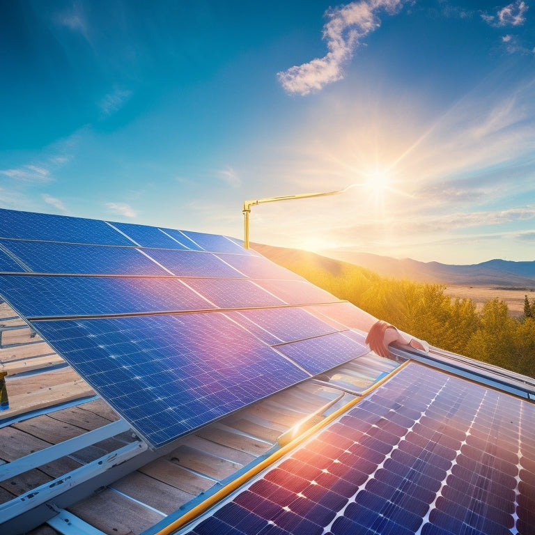 An illustration of a person effortlessly connecting solar panels to a roof, with arrows indicating the flow of energy, amidst a bright blue sky with fluffy white clouds.