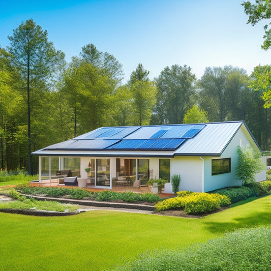 A serene, eco-friendly home exterior with solar panels, a green roof, and a rainwater harvesting system, surrounded by lush greenery and a bright blue sky with a few fluffy white clouds.