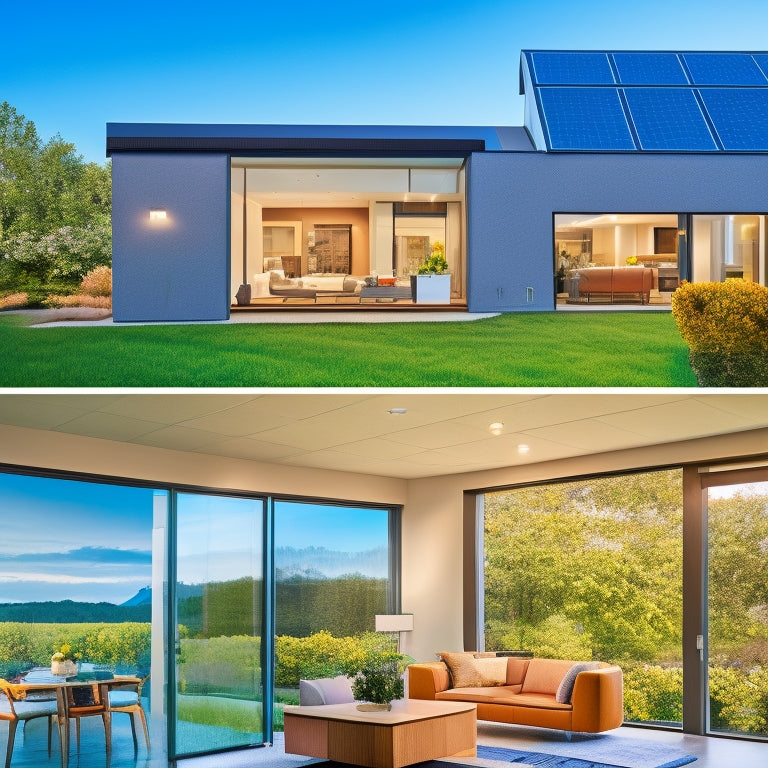 A split-screen image featuring a rooftop solar panel array on the left, and a modern home interior with a sleek, wall-mounted inverter on the right, surrounded by visual representations of energy efficiency and sustainability.