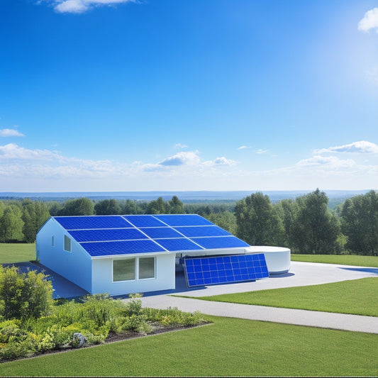 A bright blue sky with a few white, puffy clouds; a modern, sleek rooftop with a solar panel system installed, featuring 12-15 panels with a subtle shine; a small, green lawn below with a few trees.