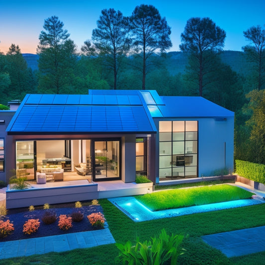 A modern, sleek home with a rooftop solar panel array, surrounded by lush greenery, featuring a prominent wall-mounted battery system with glowing blue LED lights and sleek metallic accents.
