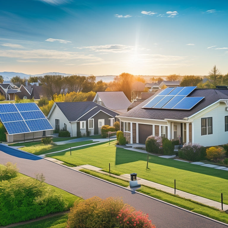 A serene suburban landscape with a few houses, each with sleek, black solar panels installed on their rooftops, under a bright blue sky with a few wispy white clouds.