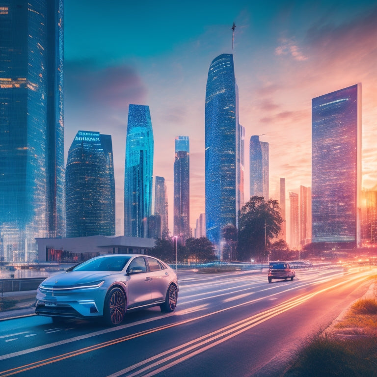 A futuristic cityscape at dusk with sleek skyscrapers, electric cars zipping by, and clusters of charging stations with glowing blue lines and pulsing white orbs, radiating energy and innovation.