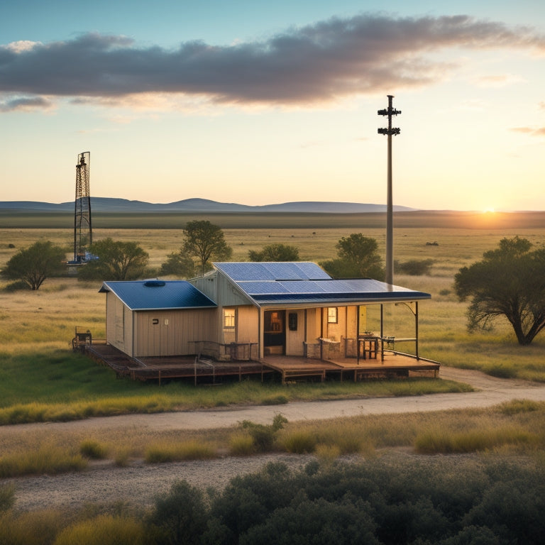 A serene Texas landscape with a small, rustic house, surrounded by rolling hills and a few oil rigs in the distance, featuring a prominent solar panel array on the roof.