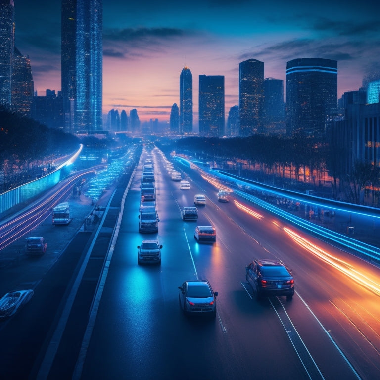 A futuristic cityscape at dusk with multiple autonomous vehicles, each with glowing blue circuits and sensors, navigating through a busy street, surrounded by pedestrians and cyclists, under a starry night sky.