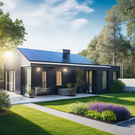 A modern home with sleek, black solar panels on the roof, connected to a compact, wall-mounted battery storage unit with a subtle LED display, amidst a lush green garden and a sunny sky.