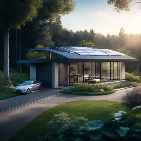 A futuristic home with solar panels on the roof, a battery storage system in the garage, and a dashboard displaying real-time energy usage and storage levels, surrounded by lush greenery.