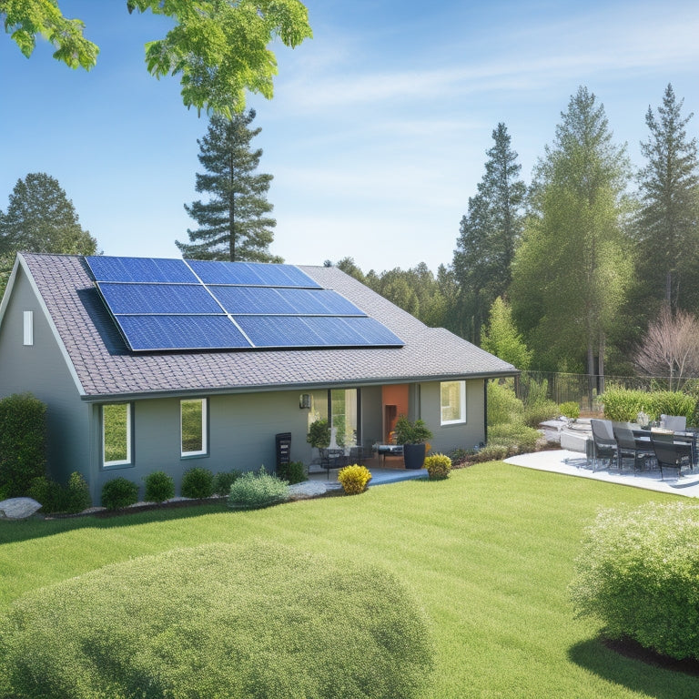 A serene suburban backyard with a sleek, black solar panel array on the roof, connected to a compact, grey battery system in the corner, surrounded by lush greenery and a sunny blue sky.