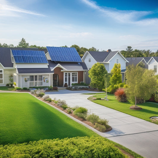 A serene suburban neighborhood with three prominent houses, each with solar panels on the roof, surrounded by lush greenery and a bright blue sky with a few fluffy white clouds.