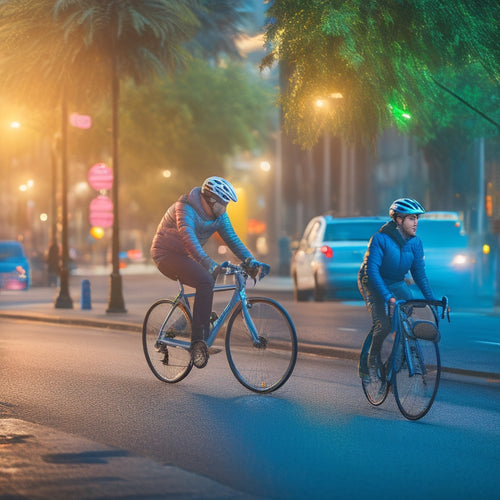 An illustration of a urban street with a designated bike lane, featuring a cyclist wearing a helmet and reflective gear, surrounded by bright streetlights, clear signage, and physical barriers separating bikes from traffic.