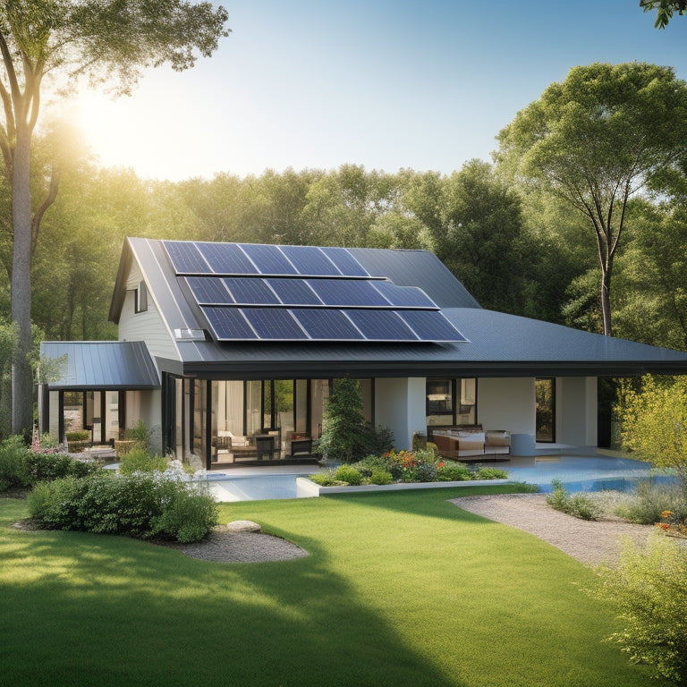 A serene suburban home with a sloping roof, featuring a mix of black and silver solar panels in a staggered installation, surrounded by lush green trees and a bright blue sky.