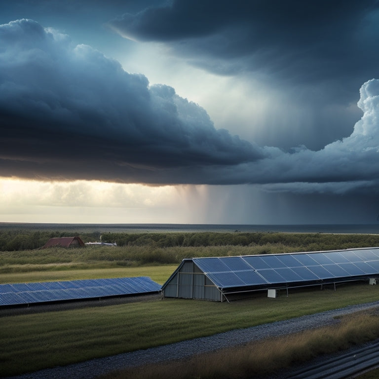 A dramatic, stormy landscape with dark gray clouds, lightning illuminating the sky, and strong winds blowing against a row of solar panels installed on a rooftop, with a few panels slightly bent.