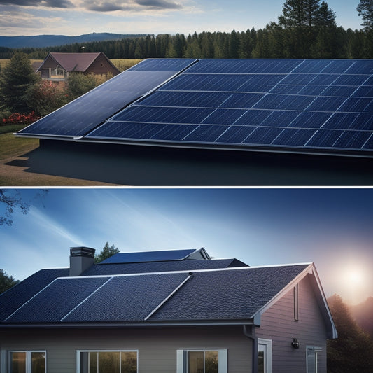 A split-screen image: a roof with standard asphalt shingles on one side, and a roof with sleek, black solar panels on the other, with a subtle gradient of dollar signs and circuitry patterns in the background.