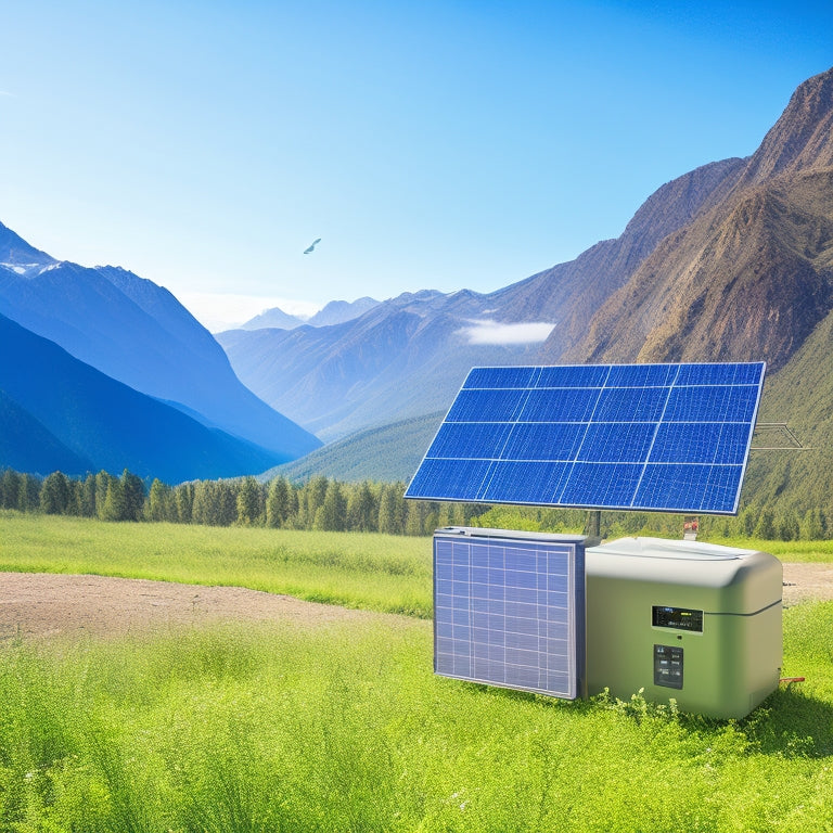 An illustration depicting a self-sustaining off-grid system: a solar panel array feeding a sleek inverter, connected to a battery bank, surrounded by lush greenery and a serene mountainous backdrop.