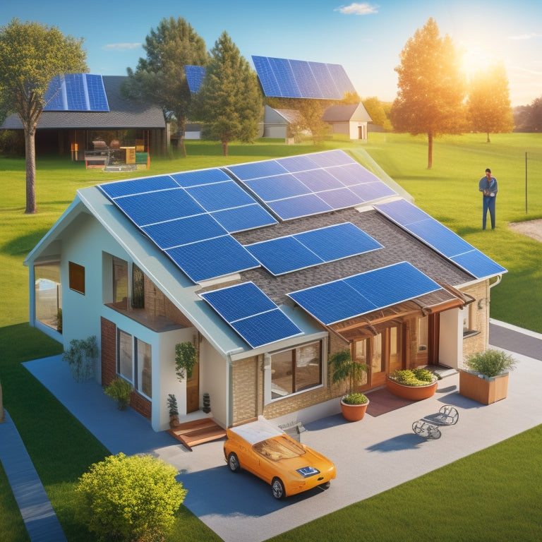 An illustration of a house with 10 solar panels on the roof, surrounded by icons representing different factors (e.g. a hammer for installation cost, a money bag for material cost, a sun for energy output, etc.)