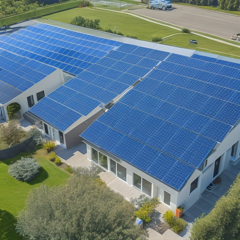 Aerial view of a residential building with multiple flat roofs, featuring various solar panel installations, including black monocrystalline, silver bifacial, and sleek black frames, amidst a sunny blue sky.