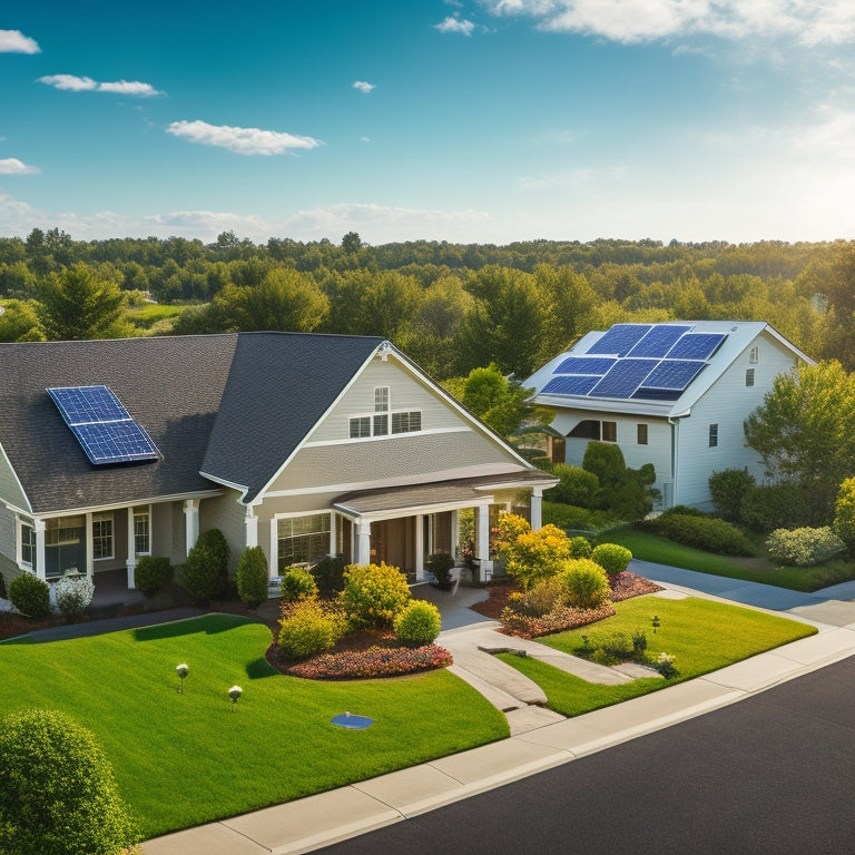 A serene suburban neighborhood with varied roof types, showcasing solar panels installed on different angles and sizes, with a bright blue sky and fluffy white clouds in the background.