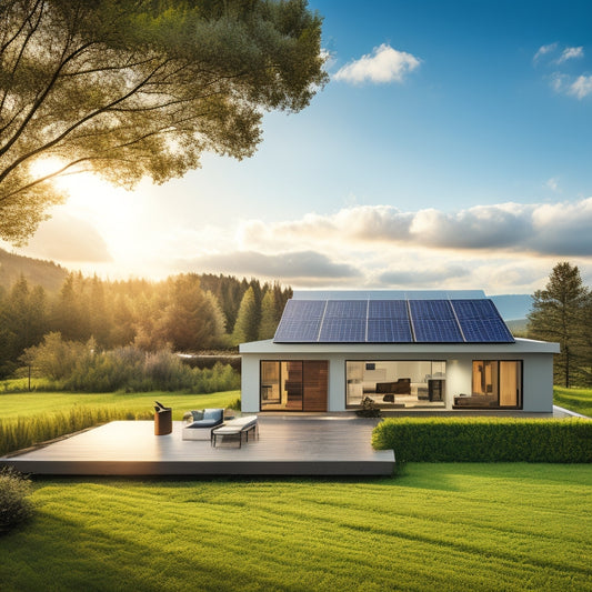 A serene landscape with a modern, eco-friendly home in the background, featuring a sleek solar panel array on the roof, connected to a compact battery system with sleek, silver casing.