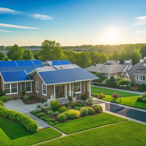 A serene suburban neighborhood with seven distinct homes, each featuring a large residential solar system installation on its rooftop, with varying panel configurations and angles, under a bright blue sky with few wispy clouds.