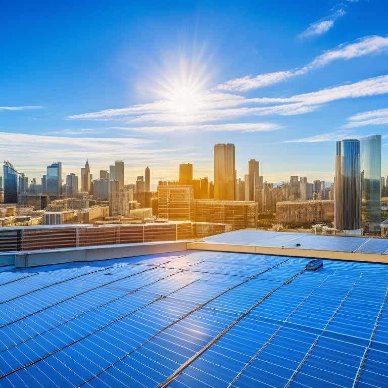 A commercial building rooftop with sleek, black solar panels installed in a staggered pattern, surrounded by cityscape skyscrapers and a bright blue sky with a few wispy clouds.