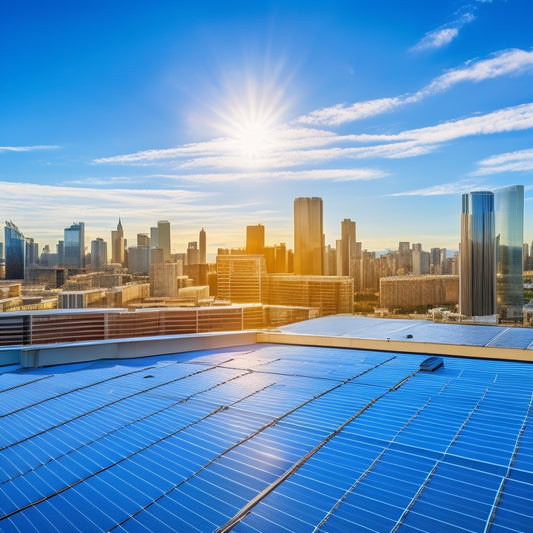 A commercial building rooftop with sleek, black solar panels installed in a staggered pattern, surrounded by cityscape skyscrapers and a bright blue sky with a few wispy clouds.