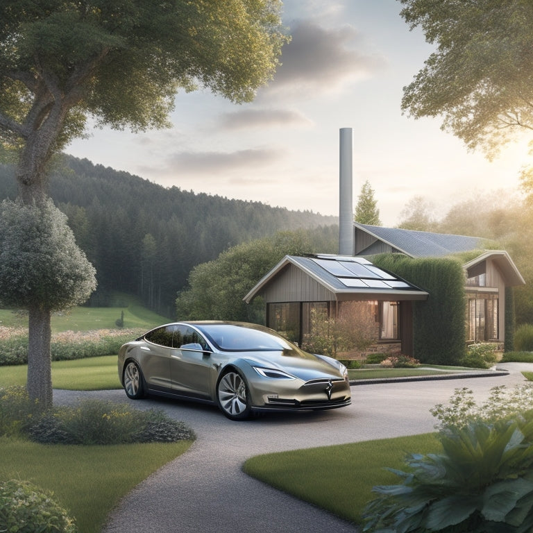 A serene, eco-friendly home surrounded by lush greenery, with solar panels on the roof, a wind turbine in the distance, and a Tesla electric car parked in the driveway.