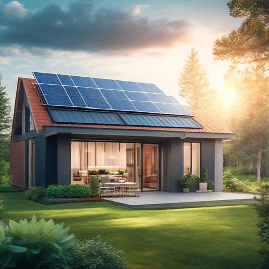 An illustration of a modern suburban home with a sleek solar panel array on the roof, surrounded by lush greenery, with a few sunbeams peeking through the clouds in the background.