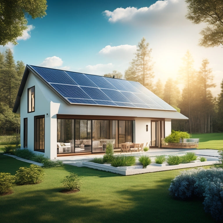 Generate an image of a modern, eco-friendly home with a sleek solar array system on the roof, surrounded by lush greenery, with a bright blue sky and a few fluffy white clouds.