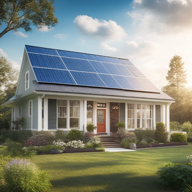 A serene suburban home with solar panels on the roof, surrounded by lush greenery, with a slight glow emanating from the panels, set against a bright blue sky with a few puffy white clouds.