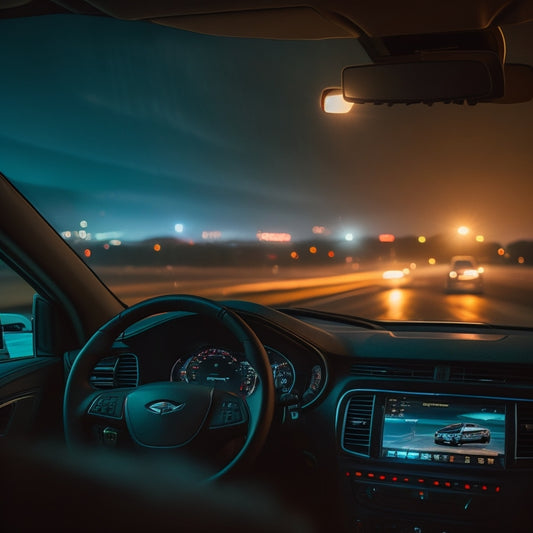 A darkened car interior with a faint glow of dashboard lights, a dead battery in the foreground, and a faint cityscape or highway at dusk visible through the windshield.