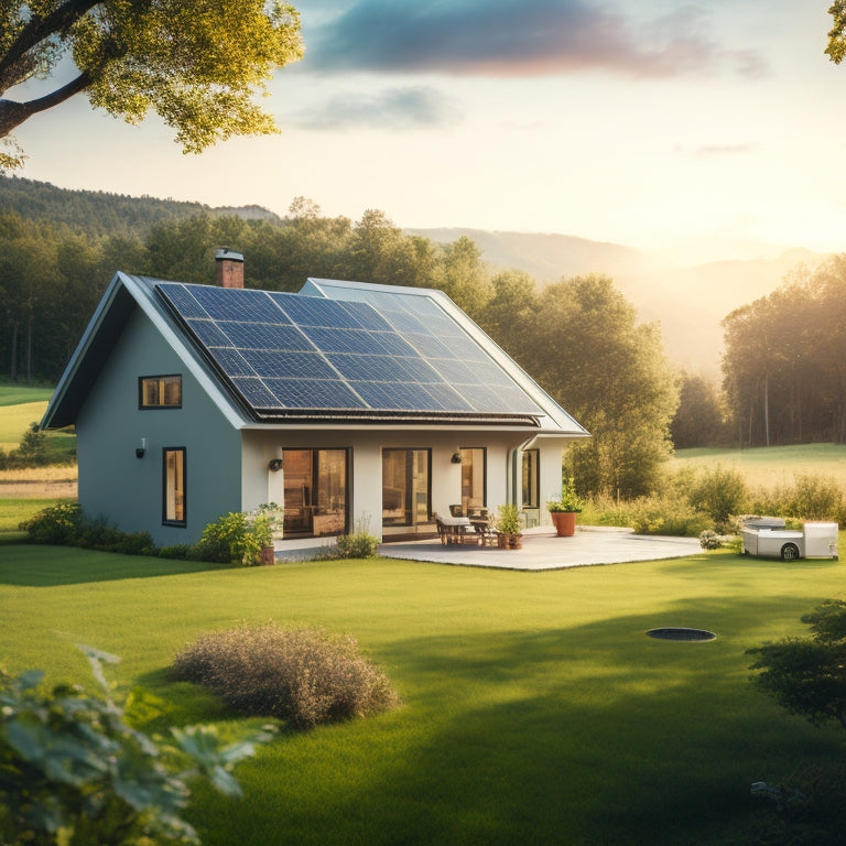 A serene rural landscape with a modern home, surrounded by lush greenery, featuring a roof-mounted off-grid solar panel array, with a sleek inverter and battery bank installation in the background.