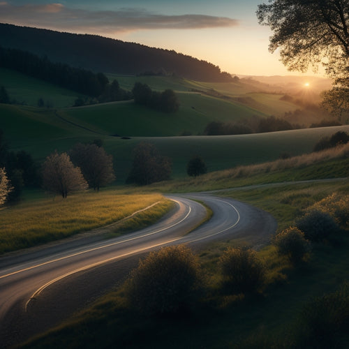 A serene rural landscape with a winding road, surrounded by rolling hills and sparse trees, featuring a few scattered electric vehicle charging points, with a subtle glow effect.