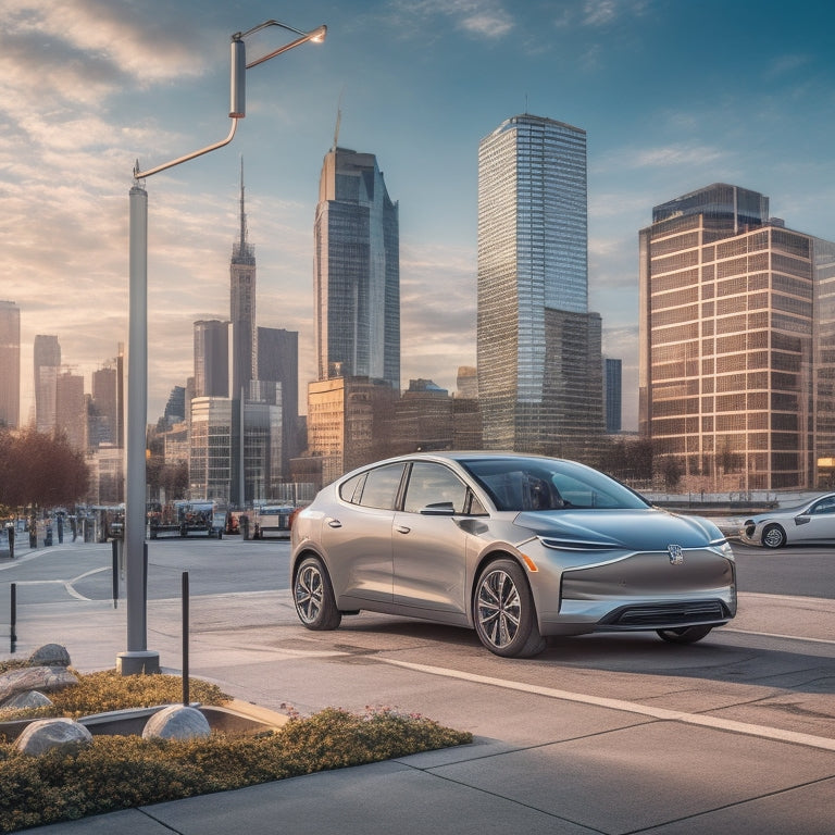 A modern electric vehicle parked in front of a sleek, silver charging station with a cityscape background, featuring a subtle grid of dollar signs and percentages in the foreground.