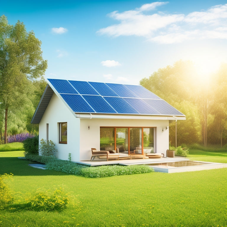 A bright blue sky with fluffy white clouds, a modern eco-friendly house with installed solar panels on the roof, surrounded by lush green trees and a subtle sun shining down.