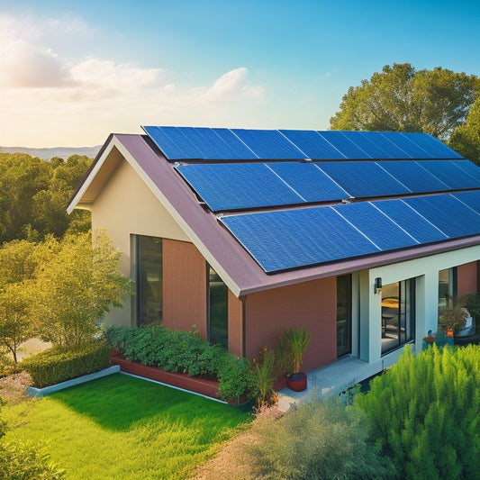 A serene residential rooftop with a sleek solar panel array, a compact home solar battery system installed in the background, surrounded by lush greenery and a sunny blue sky.