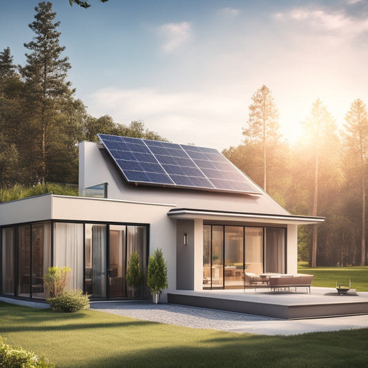 An illustration of a modern home with a rooftop solar panel array, a sleek inverter on the side, and a meter displaying a zero electricity bill, surrounded by lush green trees and a sunny sky.