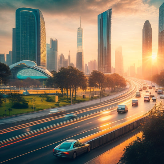 A futuristic cityscape at dawn, with sleek, driverless vehicles gliding on elevated roads, amidst gleaming skyscrapers, verdant parks, and intelligent streetlights that adjust brightness according to pedestrian flow.